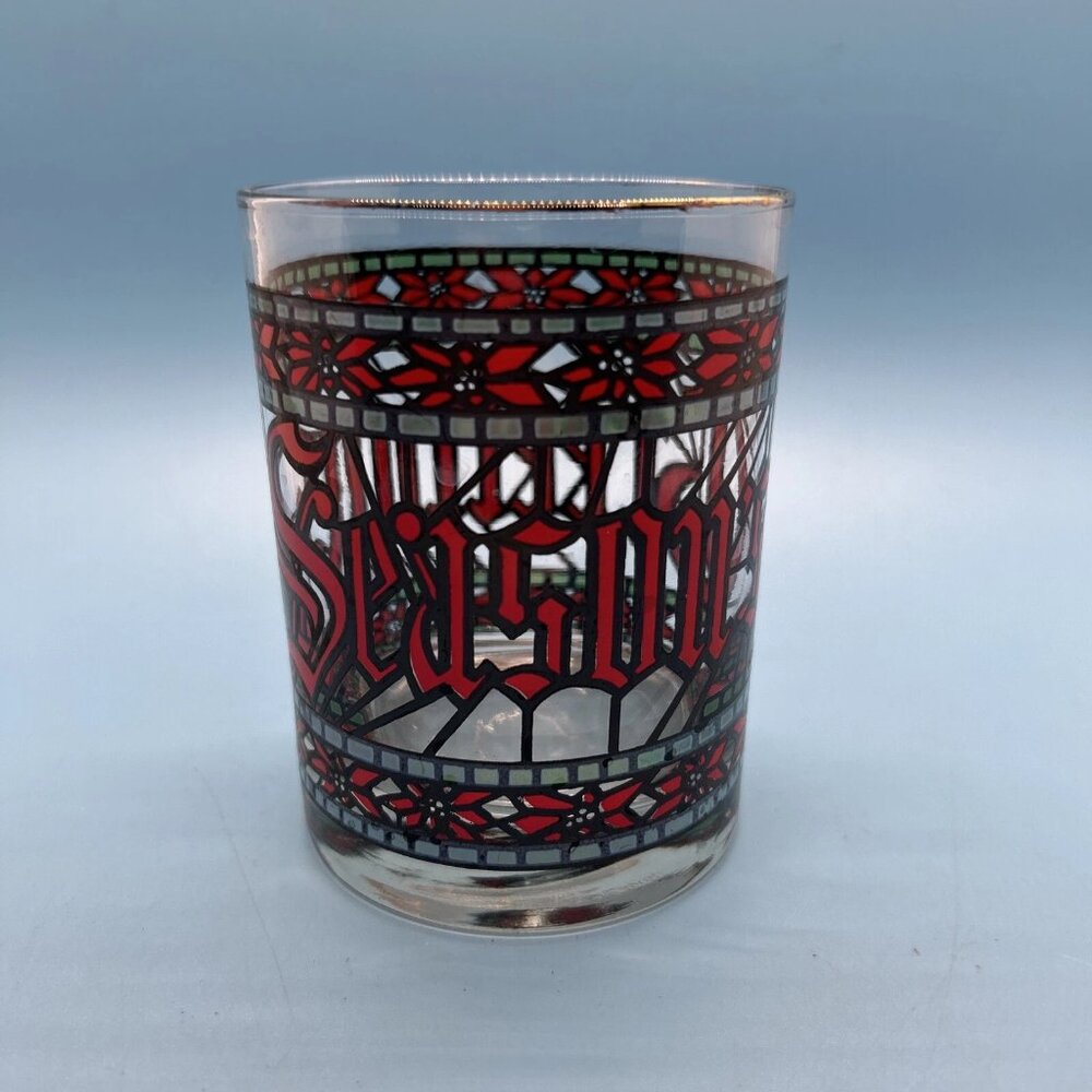 Houze Seasons Greetings Holiday Christmas Lowball Rocks Cocktail Glass Vintage